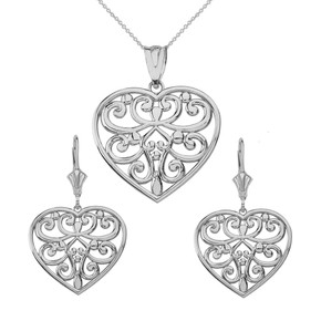 Sterling Silver  Filigree Heart Necklace Earring Set