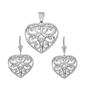 Sterling Silver  Filigree Heart Necklace Earring Set