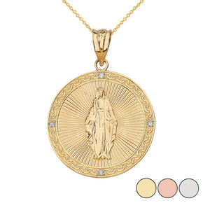 Mary Mother of Jesus Circle Medallion Diamond Pendant Necklace (Small) in Solid Gold (Yellow/Rose/White)