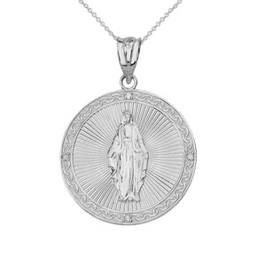 Sterling Silver Mary Mother of Jesus Circle Medallion CZ Pendant Necklace (Small)