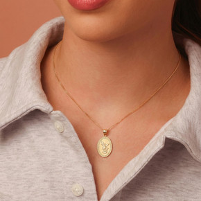 Solid Gold Diamond Archangel Saint Michael Oval Medallion Small Pendant Necklace (Available in Yellow/Rose/White Gold)