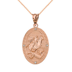Solid Rose Gold Saint George and the Dragon Oval Engravable Medallion Diamond Prayer Pendant Necklace (Small)