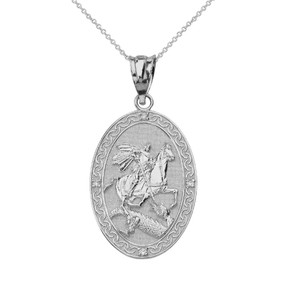 Sterling Silver Saint George and the Dragon Oval Engravable Medallion CZ Prayer Pendant Necklace (Small)