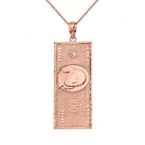 Solid Rose Gold Benjamin Franklin United States American Hundred Dollar Bill  Pendant Necklace (Medium)