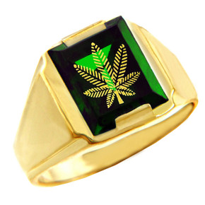 Solid Yellow Gold Green CZ Stone Marijuana Signet Men's Ring