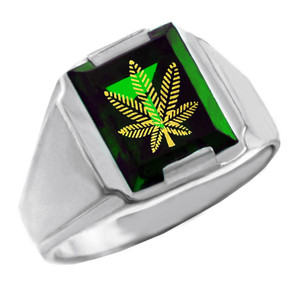 Solid White Gold Green CZ Stone Marijuana Signet Men's Ring