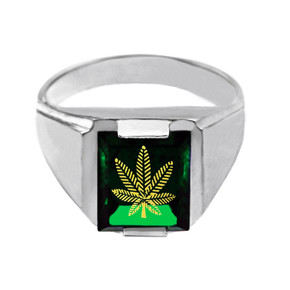 Sterling Silver Green CZ Stone Marijuana Signet Men's Ring