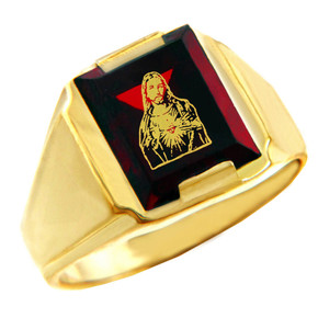 Solid Yellow Gold Red CZ Stone Sacred Heart Jesus Signet Men's Ring
