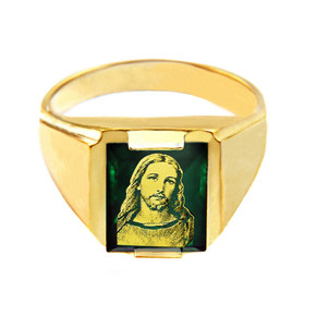 Solid Yellow Gold Green CZ Stone Jesus Christ Signet Men's Ring