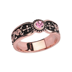 Rose Gold Pink CZ Side Way Cross Vintage Solitaire Wedding Band/Ring