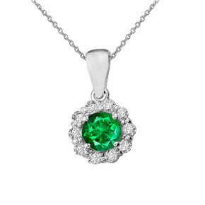 14k White Gold Dainty Floral Diamond Center Stone Emerald Pendant Necklace