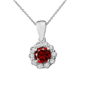 14k White Gold Dainty Floral Diamond Center Stone Garnet Pendant Necklace