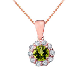 14k Rose Gold Dainty Floral Diamond Center Stone Peridot Pendant Necklace