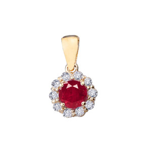 14k Yellow Gold Dainty Floral Diamond Center Stone  Ruby Pendant Necklace