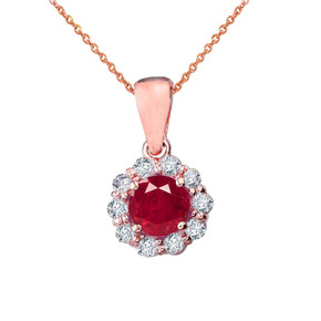 14k Rose Gold Dainty Floral Diamond Center Stone Ruby Pendant Necklace