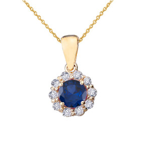 14k Yellow Gold Dainty Floral Diamond Center Stone Sapphire Pendant Necklace