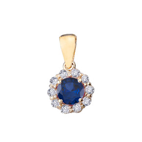 14k Yellow Gold Dainty Floral Diamond Center Stone Sapphire Pendant Necklace