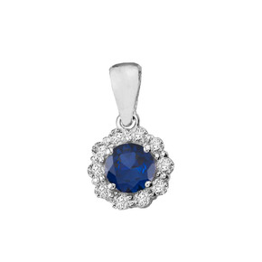 14k White Gold Dainty Floral Diamond Center Stone Sapphire Pendant Necklace