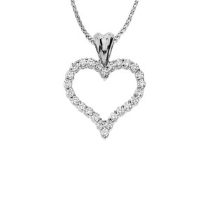 14K White Gold Diamond Studded Open Heart Pendant Necklace (0.8")