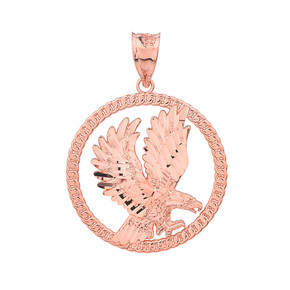 Solid Rose Gold Rope Frame Diamond Cut American Eagle Circle Pendant Necklace