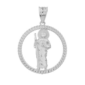 Solid White Gold Rope Frame Diamond Cut Saint Jude Circle Pendant Necklace