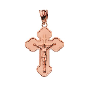 Solid Rose Gold Double Sided Eastern Orthodox Russian Crucifix Pendant Necklace (Small)