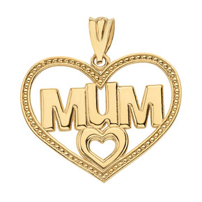 Solid Yellow Gold Dotted Texture Double Hearts Mum Pendant Necklace