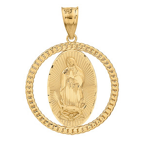 Solid Yellow Gold Cuban Link Circle Frame Diamond Cut Lady of Guadalupe Pendant Necklace