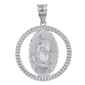 Sterling Silver Cuban Link Circle Frame Diamond Cut Lady of Guadalupe Pendant Necklace