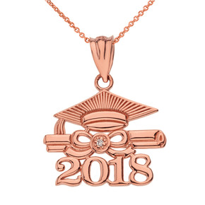 Solid Rose Gold Diamond  Class of 2018 Cap and Diploma Pendant Necklace