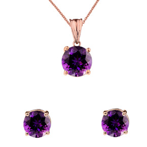 10K Rose Gold February Birthstone Amethyst (LCAM) Pendant Necklace & Earring Set