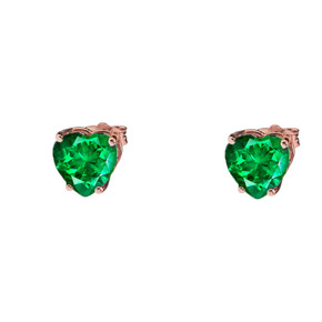 10K Rose Gold Heart May Birthstone Emerald  (LCE) Earrings