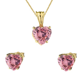 10K Yellow Gold Heart October Birthstone Pink Cubic Zirconia  (LCPZ) Pendant Necklace & Earring Set