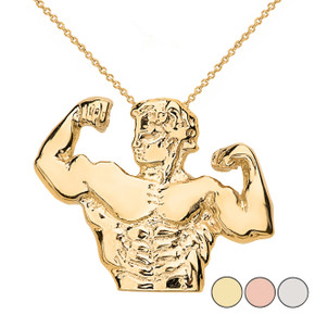Bodybuilding Muscle Man Pendant Necklace in Solid Gold (Yellow/Rose/White)