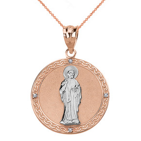 Solid Two Tone Rose Gold Diamond Saint Peter Engravable Circle Medallion Pendant Necklace (Large)