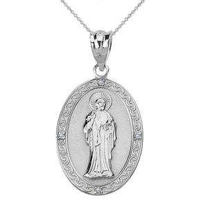 Sterling Silver CZ Saint Peter Engravable Oval Medallion Pendant Necklace (Large)