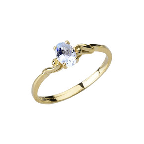 Dainty Yellow Gold Elegant Swirled Genuine Aquamarine Solitaire Ring