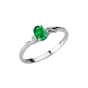Dainty White Gold Elegant Swirled Genuine Emerald Solitaire Ring