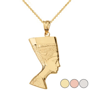 Egyptian Queen Statue Nefertiti Bust Pendant Necklace in Solid Gold (Yellow/Rose/White)