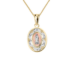 Yellow Gold Diamond Tri-Tone  Lady of Guadalupe  Pendant Necklace