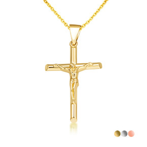 Gold Cross Necklace - Catholic Crucifix Pendant (Available in Yellow Gold, Rose Gold, White Gold)