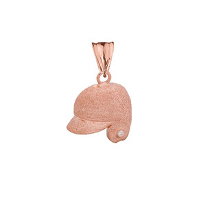 Textured Rose Gold Diamond Baseball Player Helmet Pendant Necklace