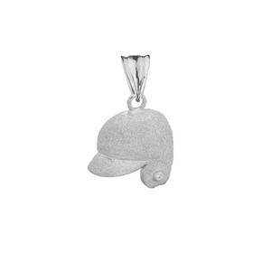 Textured Sterling Silver Diamond Baseball Player Helmet Pendant Necklace