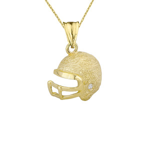 Textured Yellow Gold Diamond Football Player Helmet Pendant Necklace