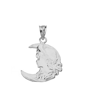 Solid White Gold Art Nouveau Lady in Crescent Moon Pendant Necklace