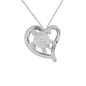 Sterling Silver Sea Turtle in Heart Cut Out Pendant Necklace with Hidden Bail