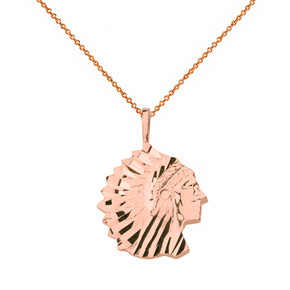 Solid Rose Gold Diamond Cut Native American Chief  Pendant Necklace