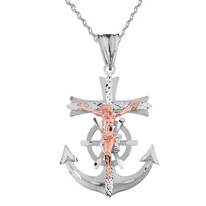 Mariners Anchor Crucifix Pendant Necklace in Two Toned Solid White Gold