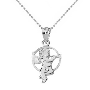 Solid White Gold Diamond Cut Cherub Angel Circle Pendant Necklace