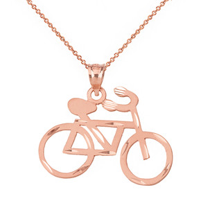 Solid Rose Gold Sparkle Cut Bicycle Pendant Necklace